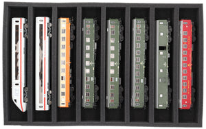 DS050A001 Wkład piankowy H0 Przyrząd pomiarowy - poziomy - 8 slotów dla modeli lokomotyw kolejowych, wagonów i pojazdów.