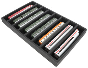 DS050A001 Wkład piankowy H0 Przyrząd pomiarowy - poziomy - 8 slotów dla modeli lokomotyw kolejowych, wagonów i pojazdów.