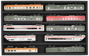 DS050A002 Wkład piankowy H0 Przyrząd pomiarowy - poziomy - 5 gniazd dla modeli lokomotyw kolejowych, wagonów i pojazdów.