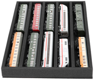 DS050A002 Wkład piankowy H0 Przyrząd pomiarowy - poziomy - 5 gniazd dla modeli lokomotyw kolejowych, wagonów i pojazdów.