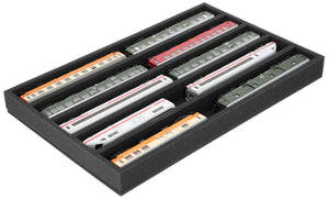 DS050A002 Wkład piankowy H0 Przyrząd pomiarowy - poziomy - 5 gniazd dla modeli lokomotyw kolejowych, wagonów i pojazdów.