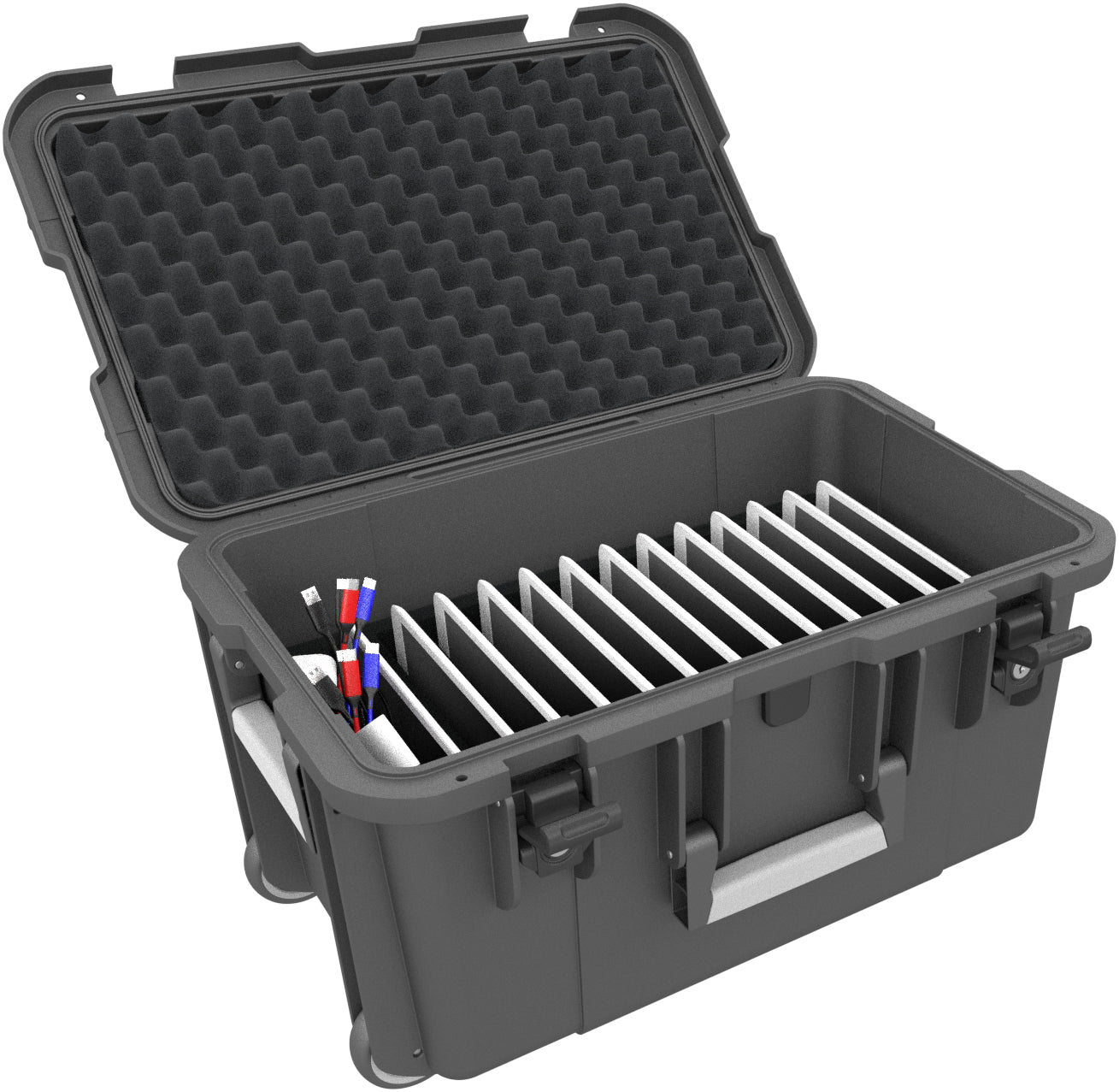 Koffer / Trolley für 12 Tablets in XL-Hüllen - Fächer 26 mm breit - kompatibel mit Apple iPad, Samsung Galaxy Tab A oder Microsoft Surface Go